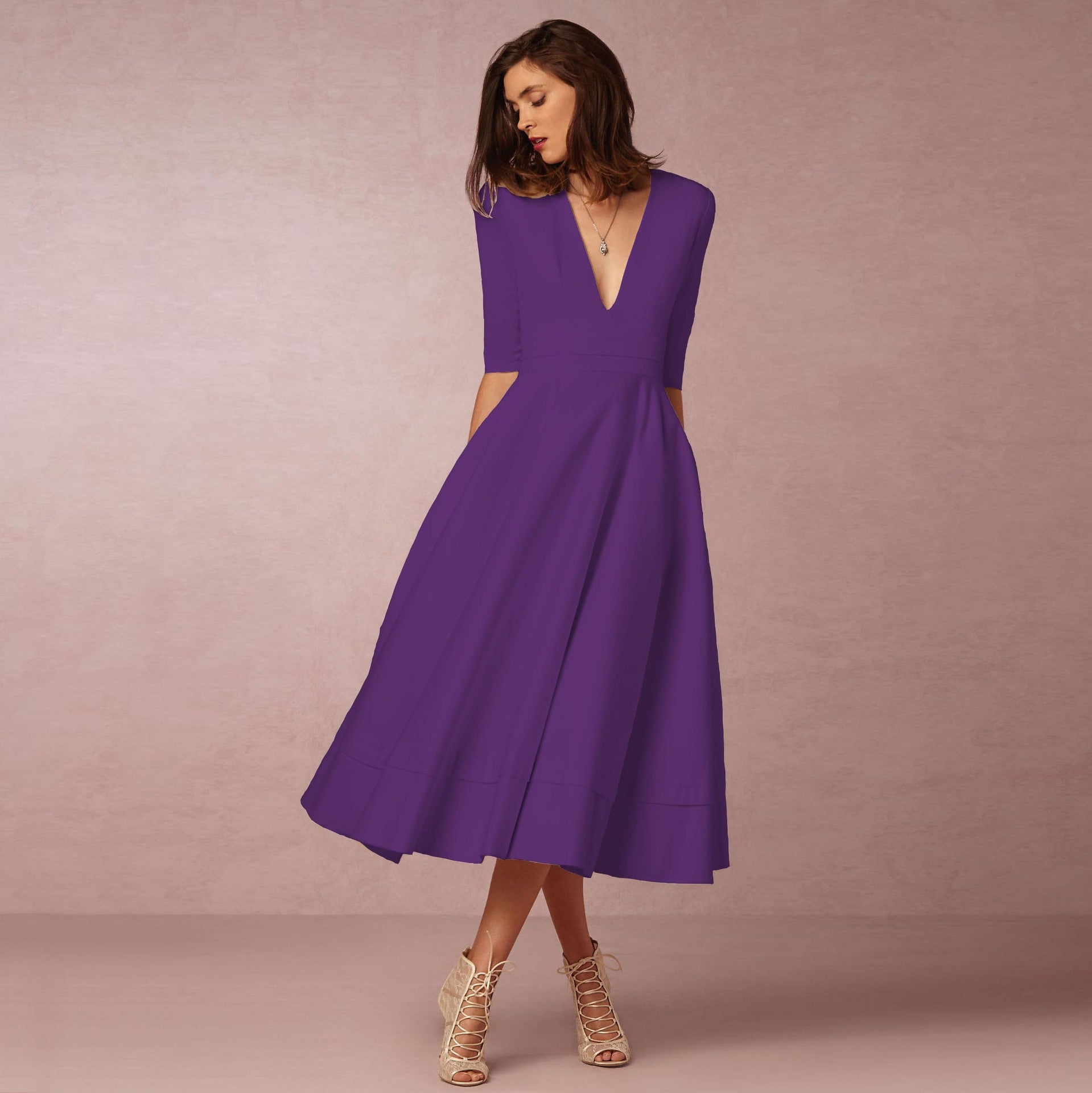 Natalia - Vestido midi de mujer con escote en V