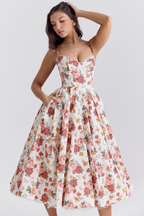 Natalia – Vestido Midi con Cuerpo Corsé y Falda Evaseé para Mujer