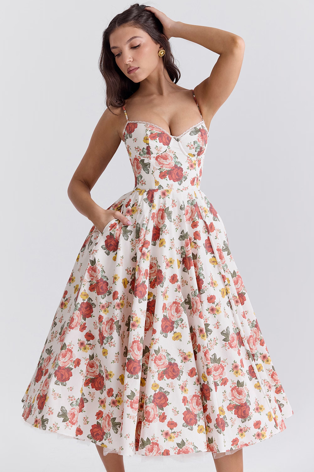 Natalia – Vestido Midi con Cuerpo Corsé y Falda Evaseé para Mujer