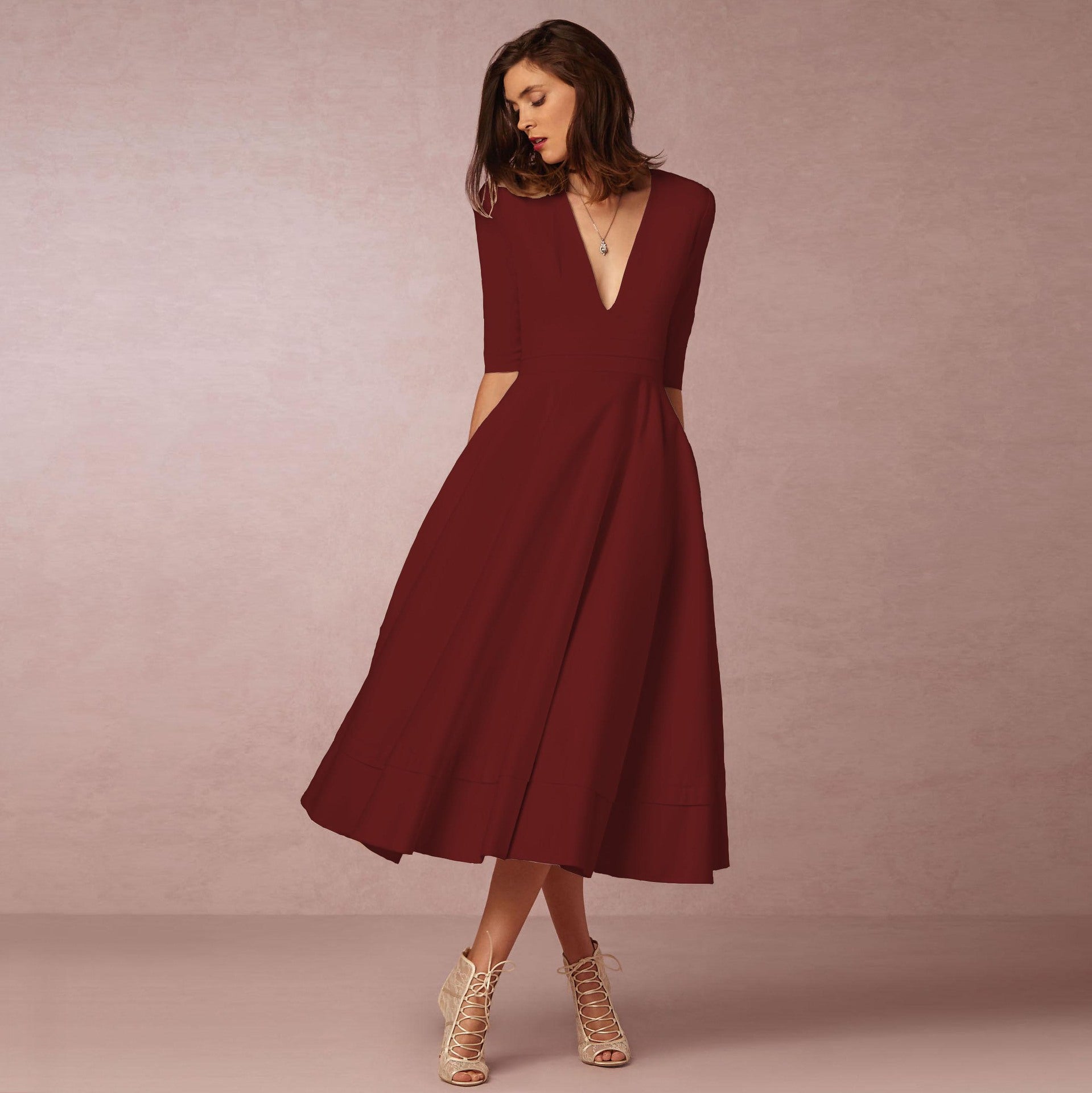 Natalia - Vestido midi de mujer con escote en V