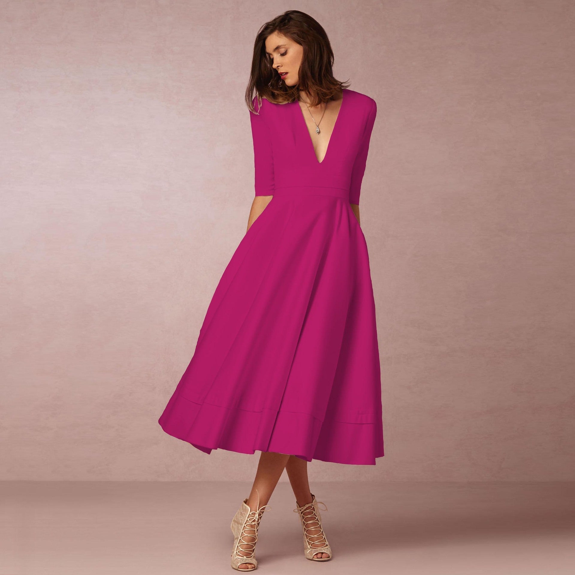 Natalia - Vestido midi de mujer con escote en V