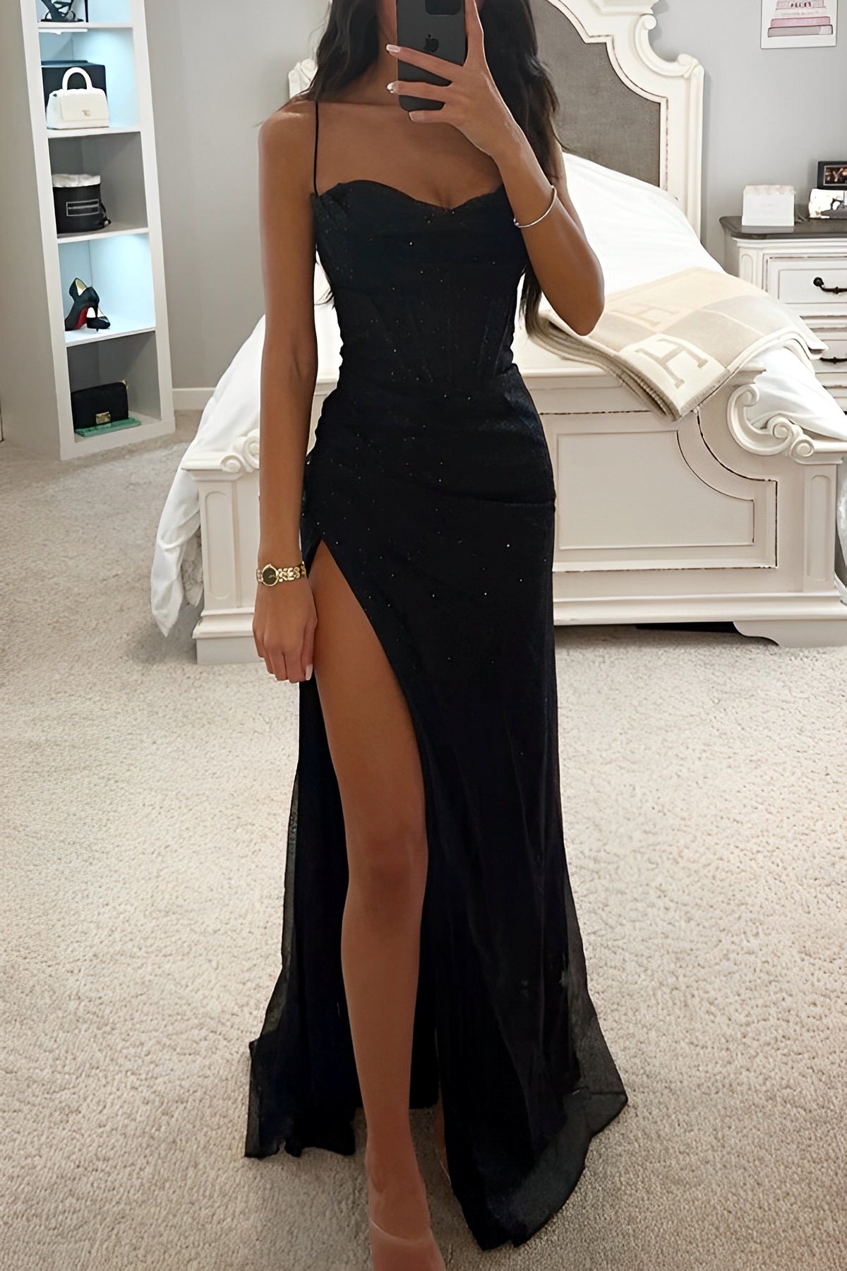 Camila – Vestido Largo con Abertura Lateral y Brillo Elegante para Mujer