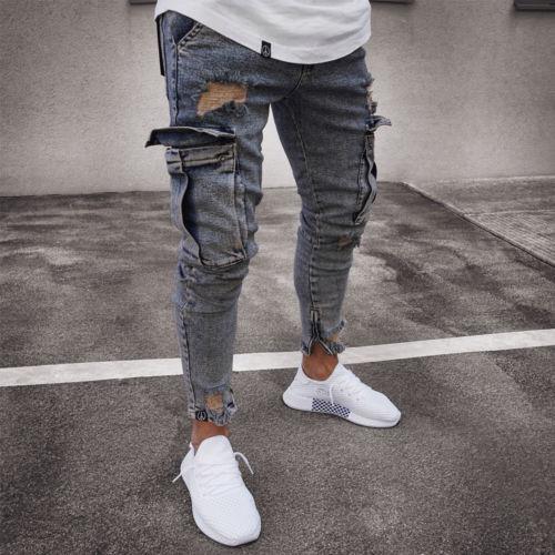 Halstyn | Jeans cargo de mezclilla con rotos para hombre