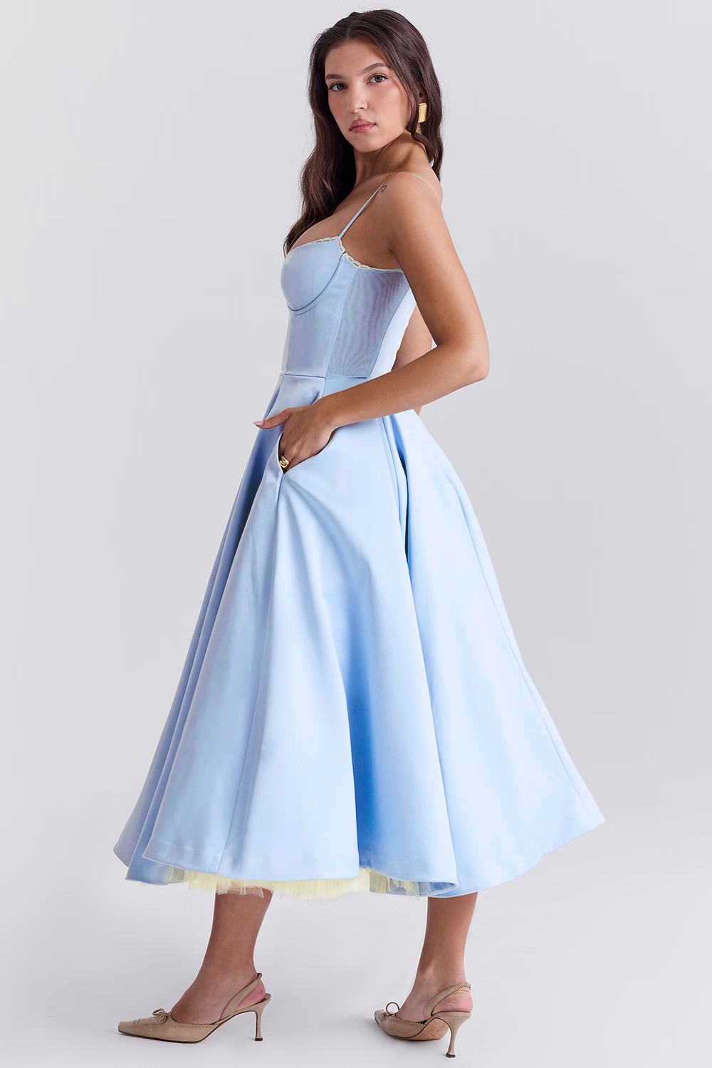 Natalia – Vestido Midi con Cuerpo Corsé y Falda Evaseé para Mujer