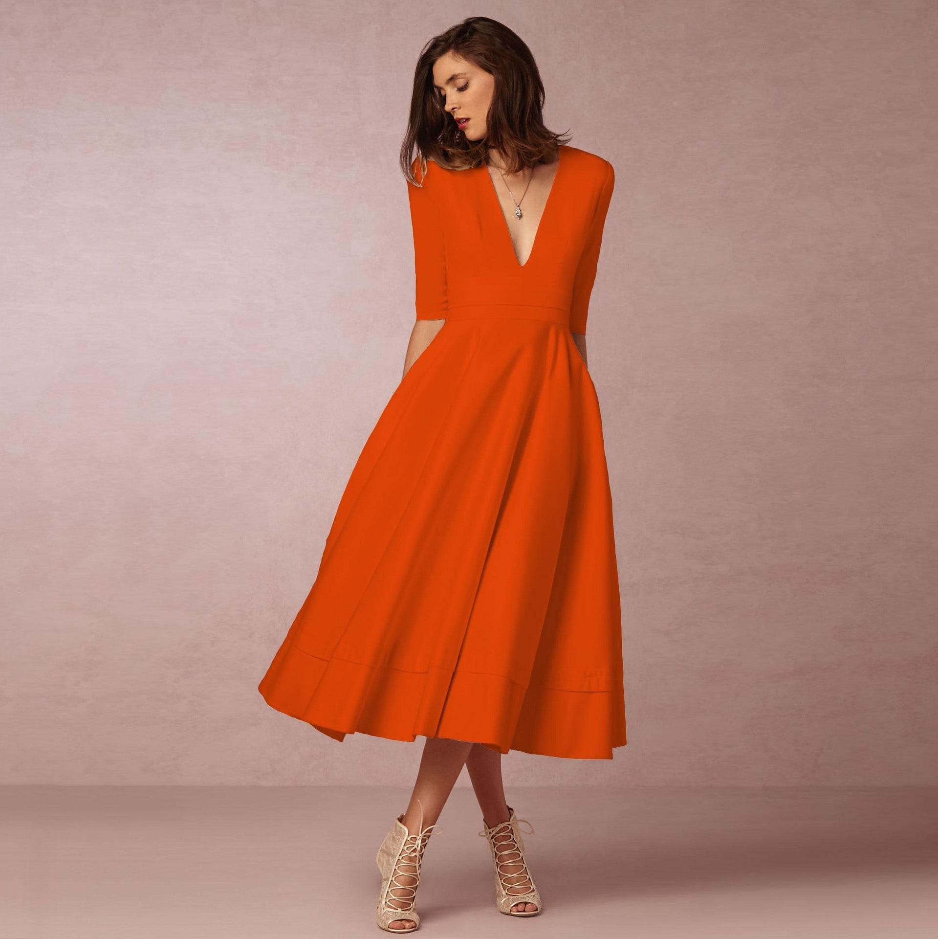 Natalia - Vestido midi de mujer con escote en V