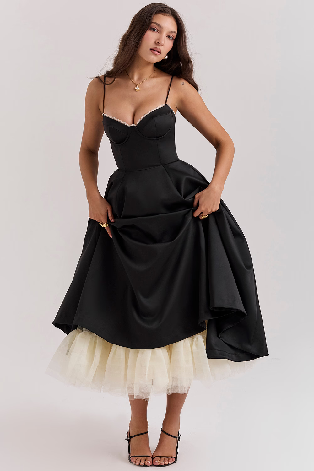 Natalia – Vestido Midi con Cuerpo Corsé y Falda Evaseé para Mujer