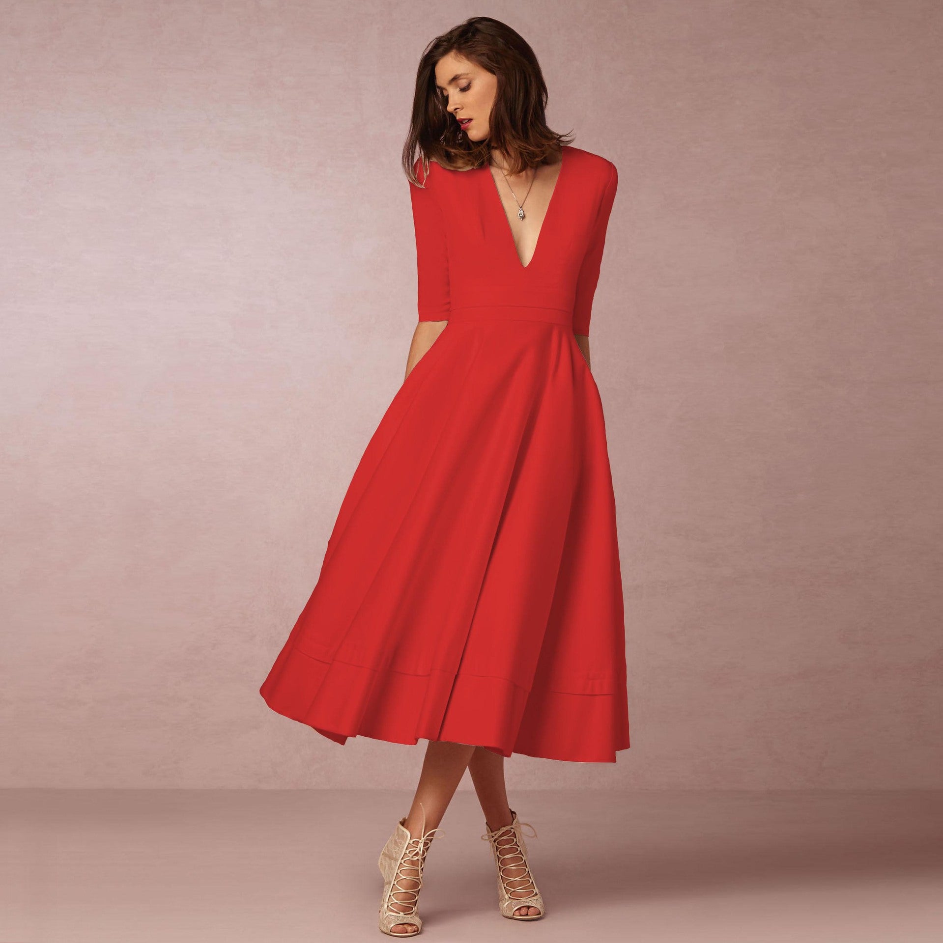 Natalia - Vestido midi de mujer con escote en V