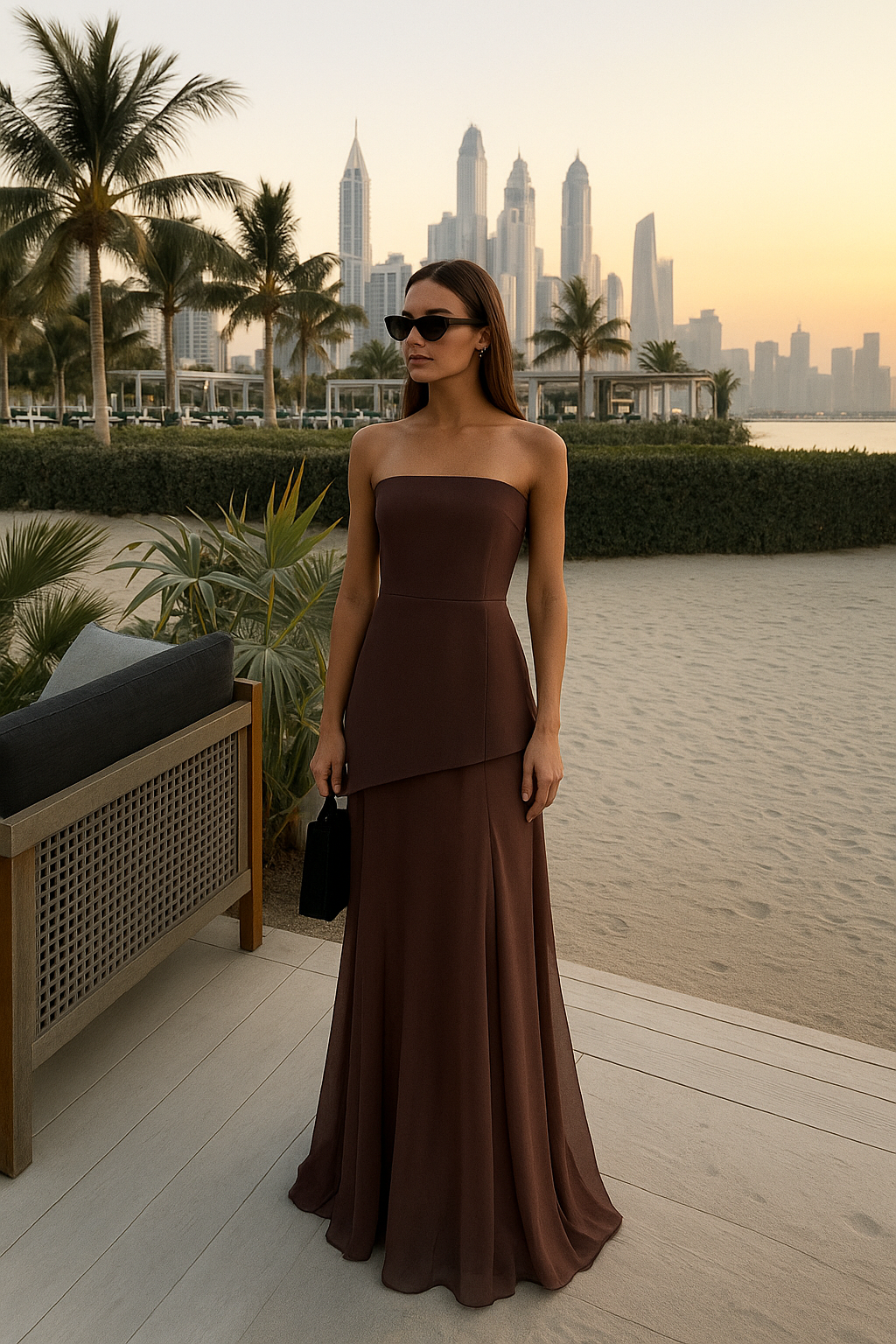 Stephanie - Vestido de noche sin tirantes con abertura