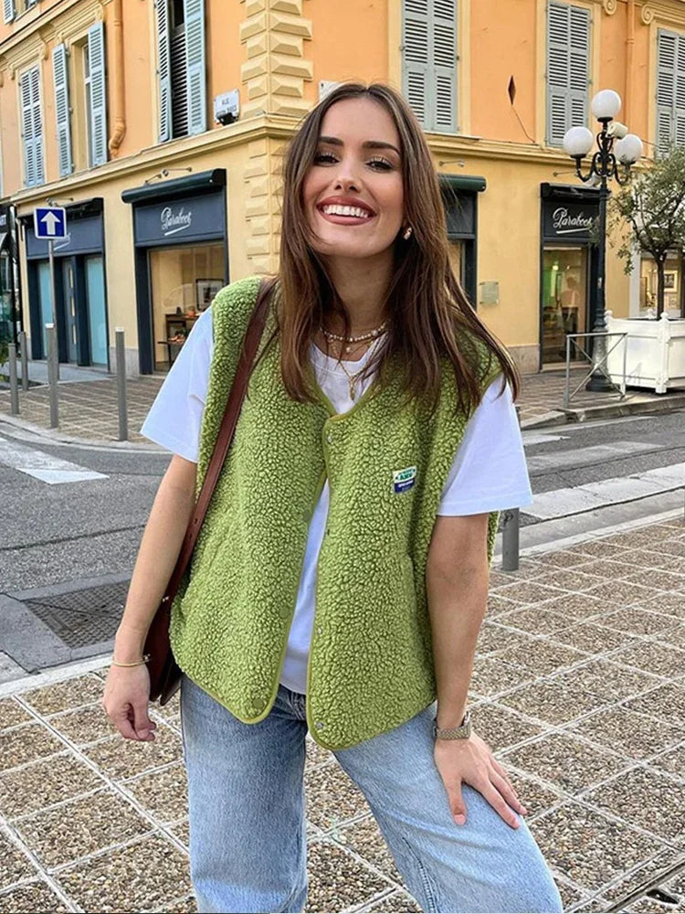 Ana - Chaleco de mujer borreguito sin mangas con botones