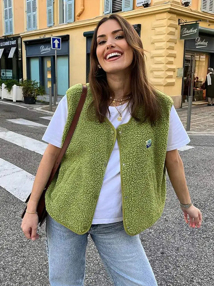 Ana - Chaleco de mujer borreguito sin mangas con botones