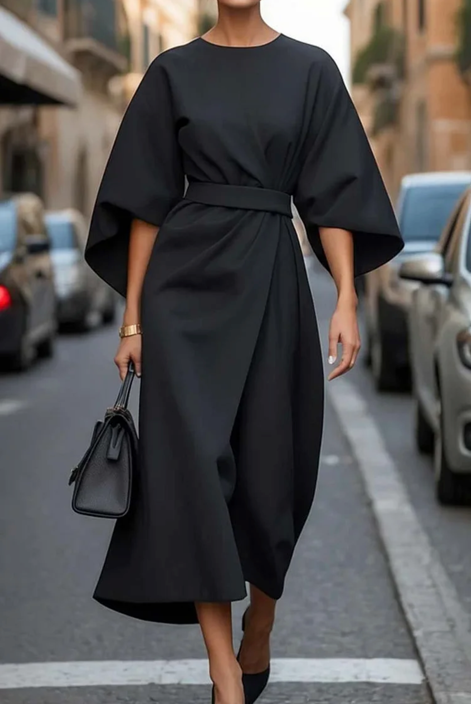 Mariana - Vestido midi de mujer con mangas amplias y cinturón