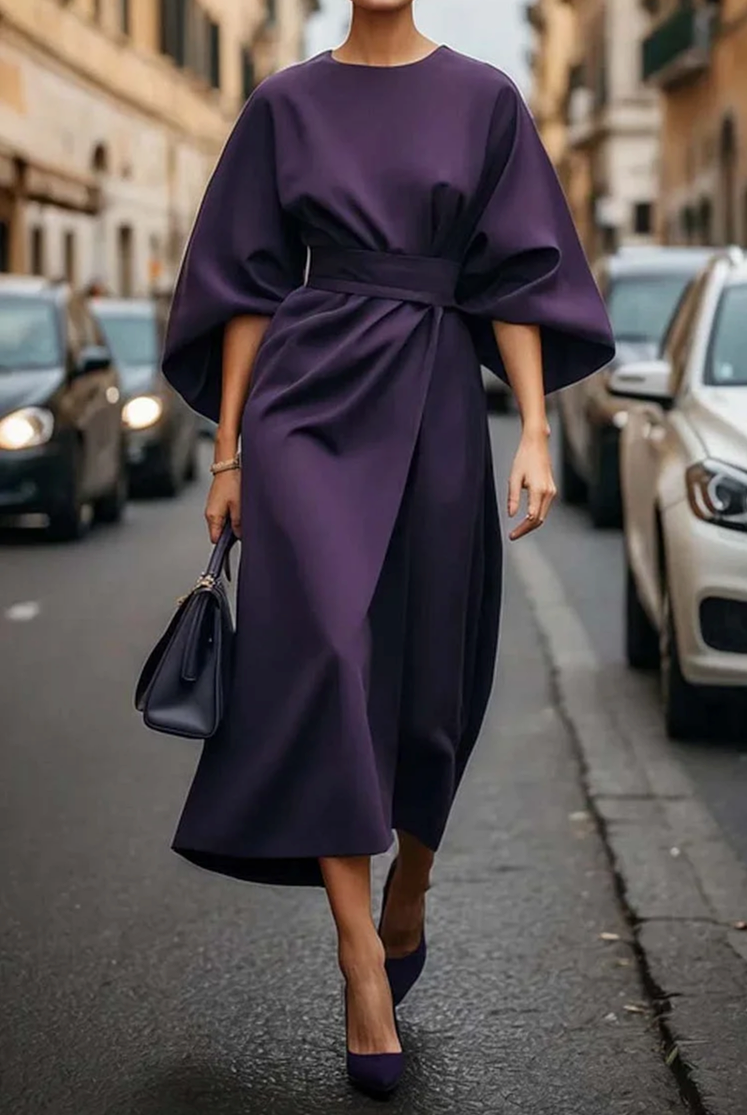 Mariana - Vestido midi de mujer con mangas amplias y cinturón