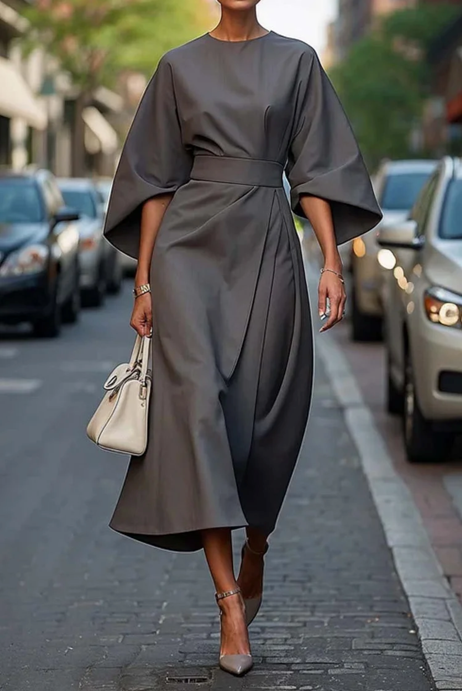 Mariana - Vestido midi de mujer con mangas amplias y cinturón