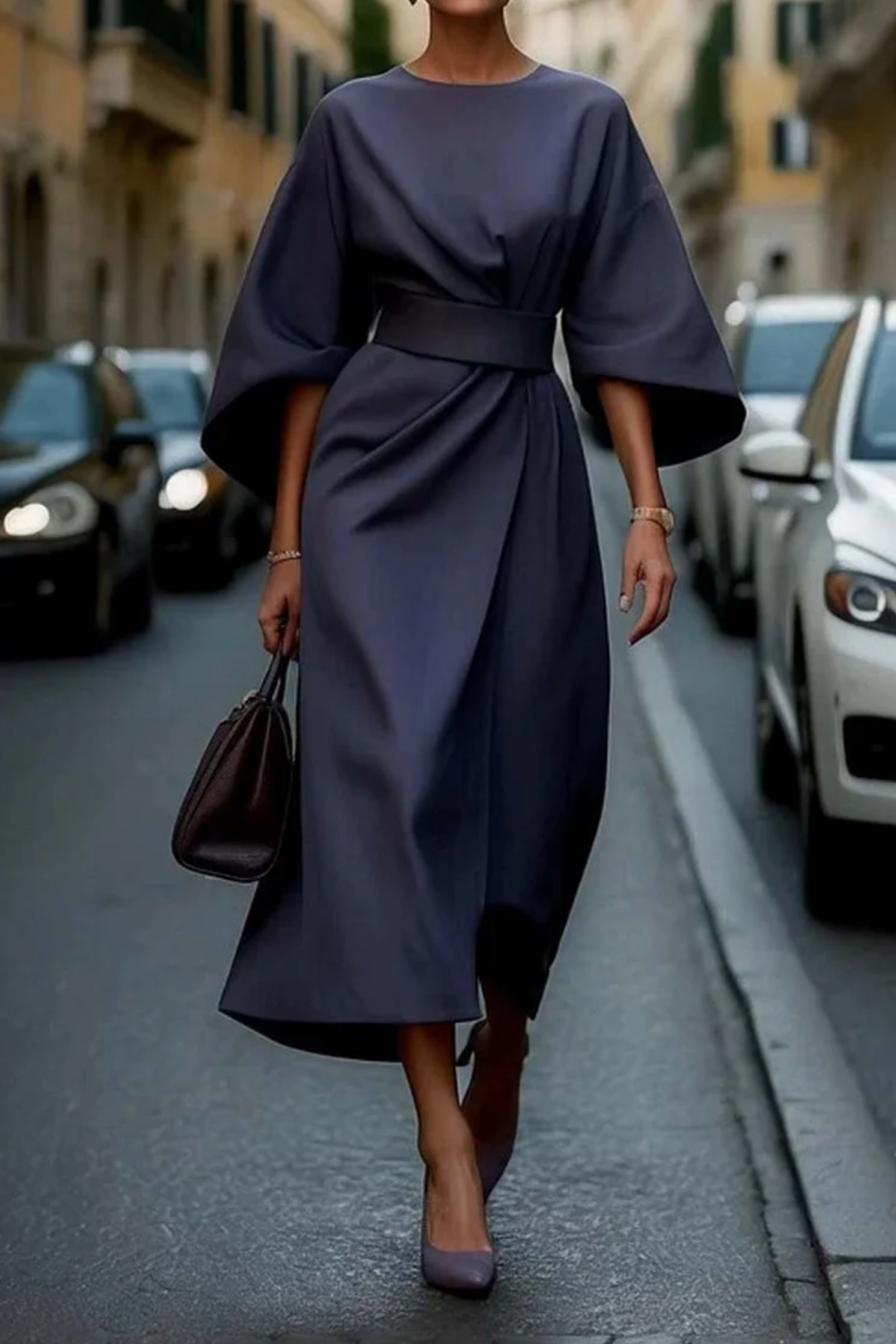 Mariana - Vestido midi de mujer con mangas amplias y cinturón