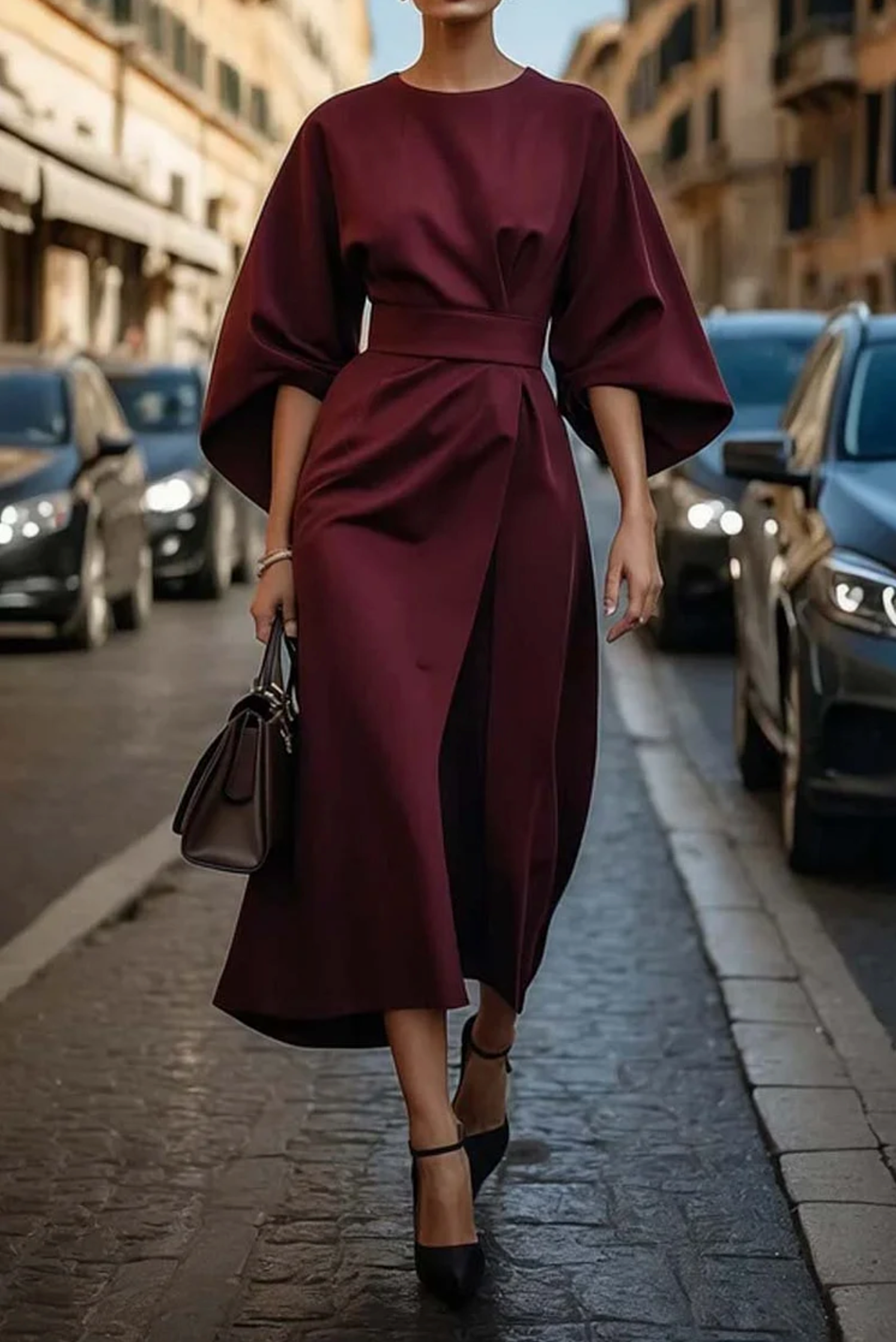 Mariana - Vestido midi de mujer con mangas amplias y cinturón