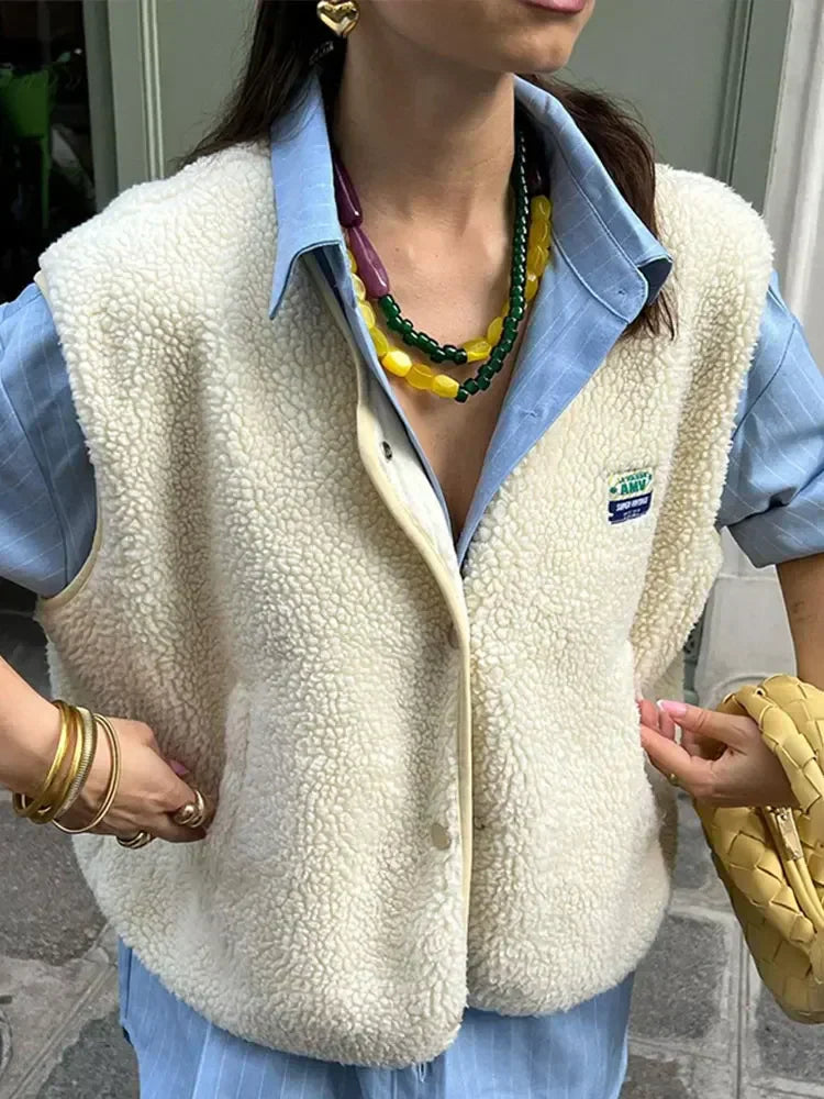 Ana - Chaleco de mujer borreguito sin mangas con botones