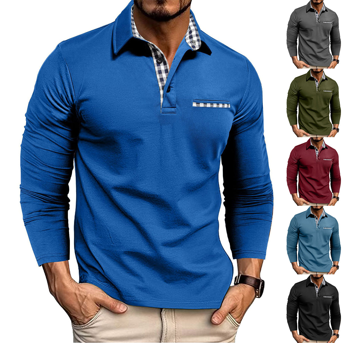 Andrés - Polo de hombre manga larga con detalles a cuadros