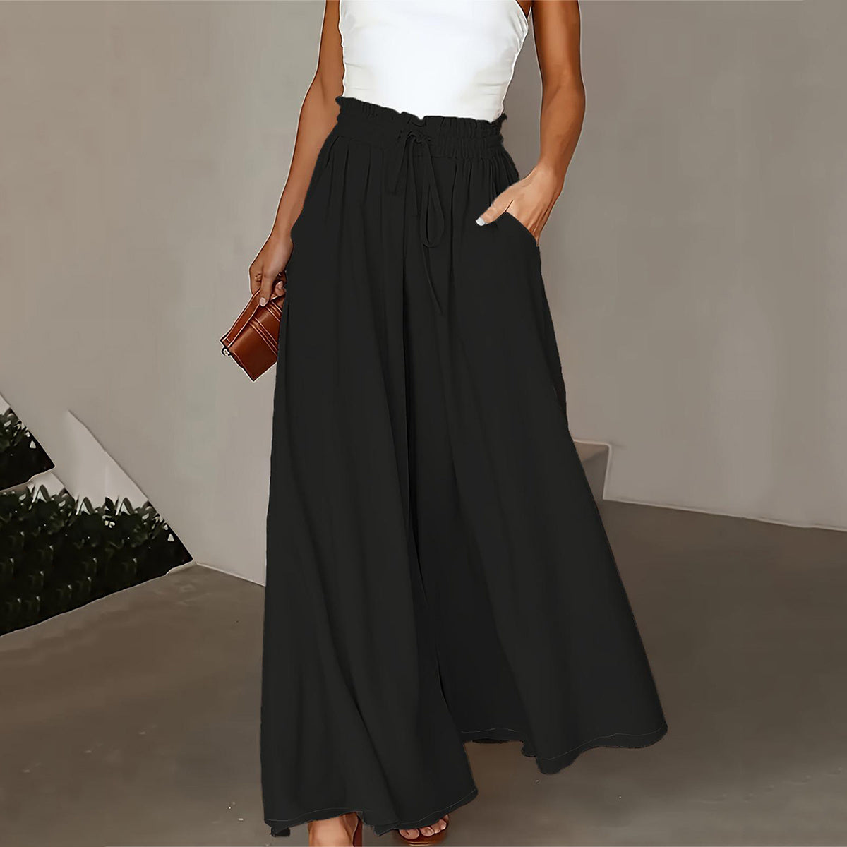 Cerela - Pantalón palazzo ancho con cordón